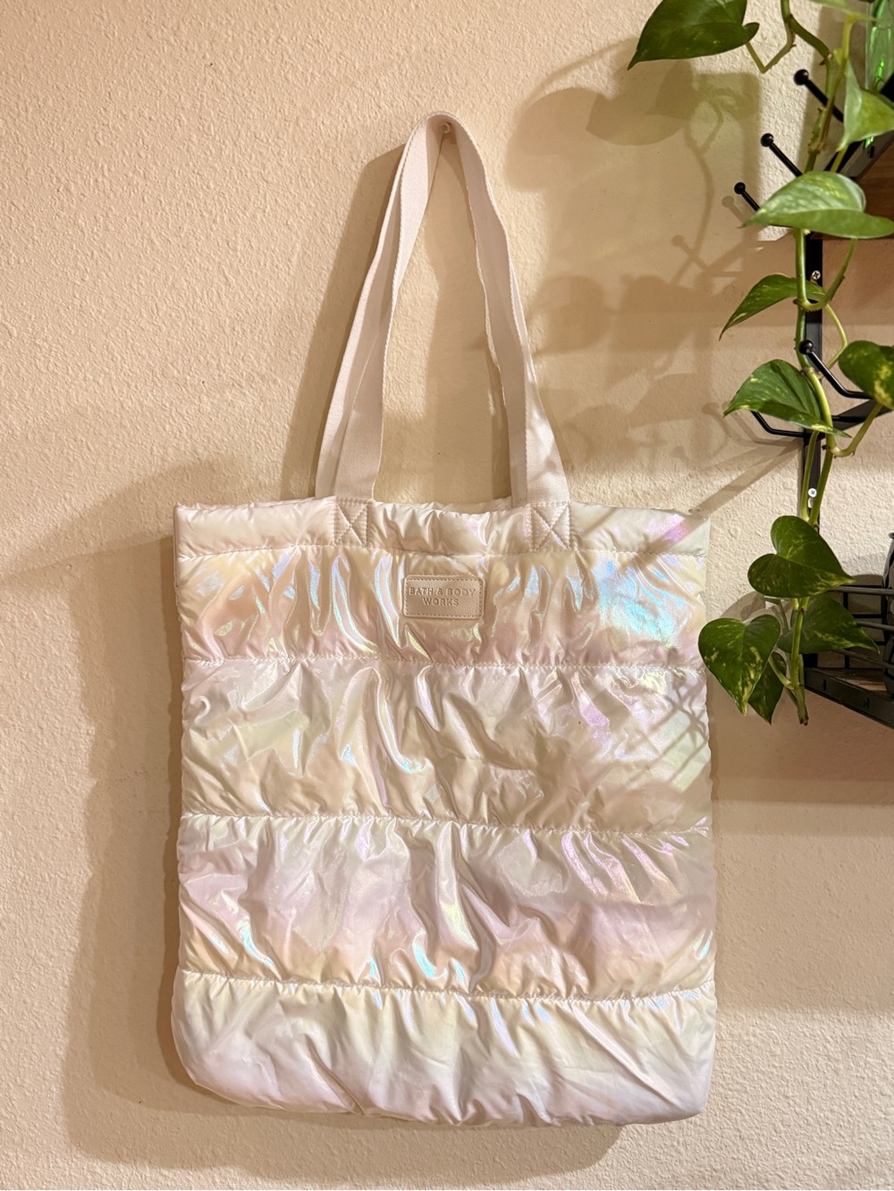 Bath & Body Works Iridescent Quilted Tote in Pearl White